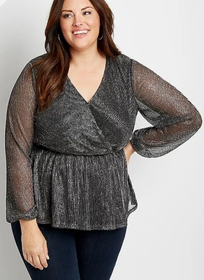 Nuevo con etiquetas Top Maurices Negro Plata Brillo Imitación Envoltura Peplum Manga Larga Talla 2X 20 22 Foto 1 de 4