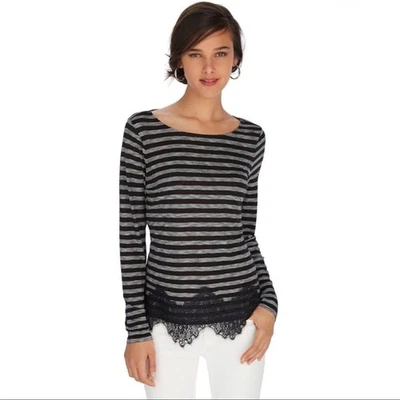 White House Black Market Womens Top Size Small Lace Black Stripe Wide Neck - Image 1 of 4