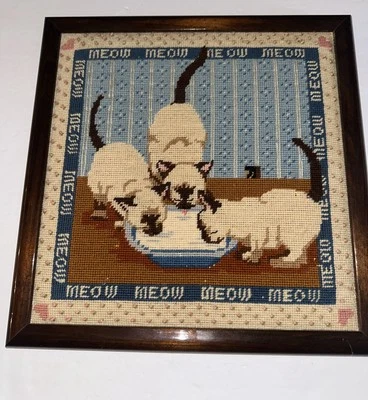 Vintage Sunset Needlepoint Completed Framed, SIAMESE KITTENS Cats ready to hang - Image 1 of 4