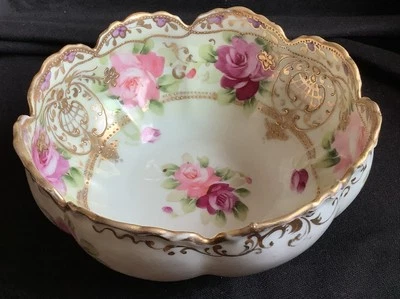 Antique Nippon Hand Painted 6" Bowl Roses w/Raised Gold Trim Blue Maple Leaf - Image 1 of 4