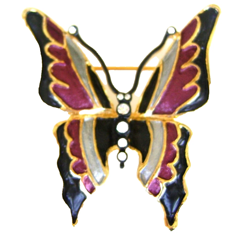 Butterfly Brooch Black Gray Enamel Clear Crystal Yellow Gold Plated Metal Pin - Image 1 of 1