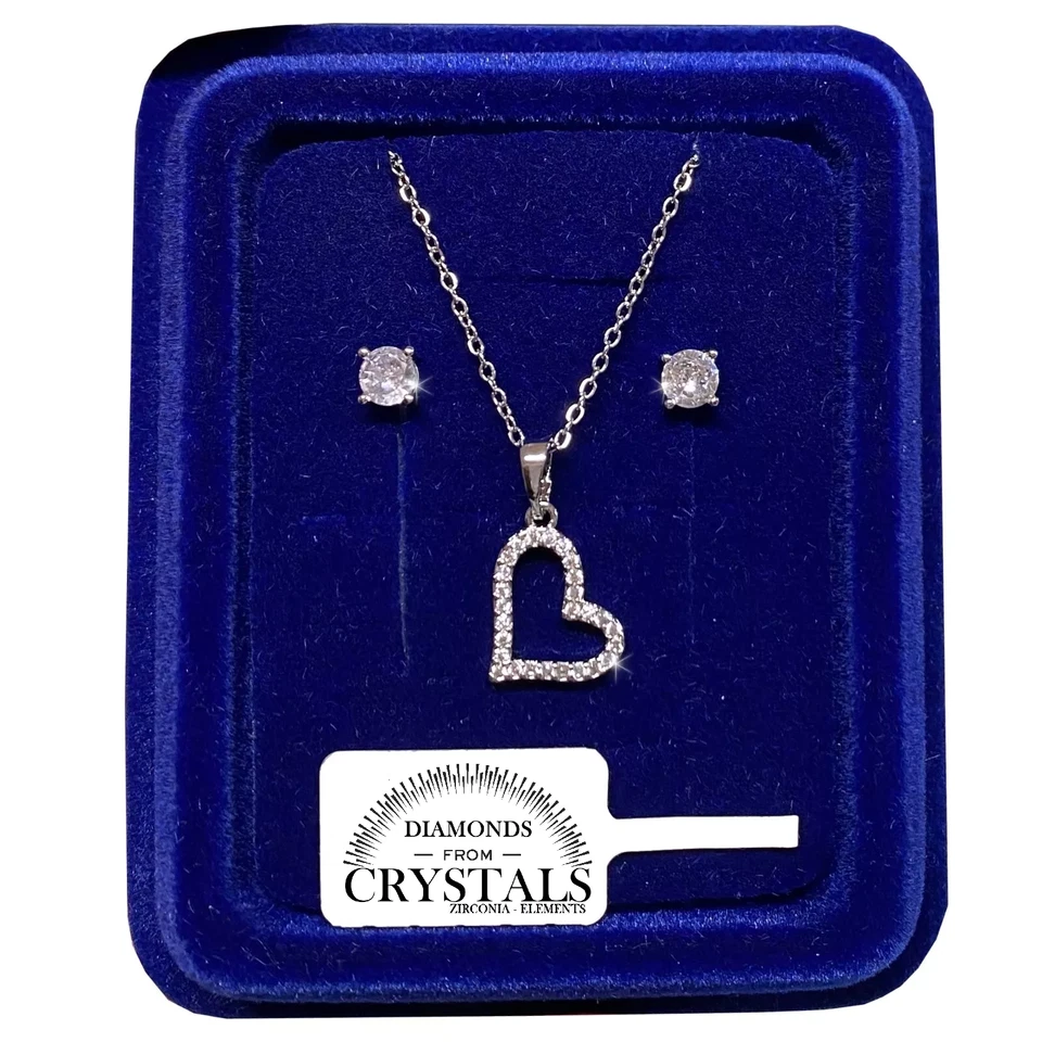 Collana Cuore Strass + Orecchini pl. oro Bianco 18k con Cristalli Zirconi S83 - Immagine 1 di 4