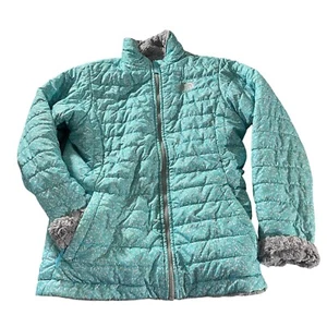 The North Face Girls Reversible Mossbud Swirl Jacket Mint Gray Sherpa Sz L 14-16 - Picture 1 of 15