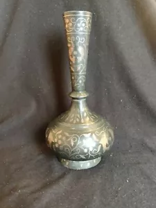 Superb Heavy Antique Indian Bidriware Silver Inlay Stem Vase Bidri - Picture 1 of 9
