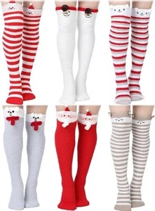 6 Pairs Women Christmas Thigh High Fuzzy Cartoon Striped Over Knee Leg Warmers - Picture 1 of 6
