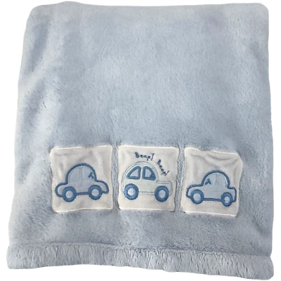 Blue Beep Slug Bug Car Baby Boy Blanket Soft Fleece Lovey 30x40 White - Image 1 of 3