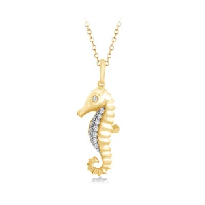1/8 Ct Pave Lab Grown Diamond Seahorse Pendant 18" Necklace 10k Yellow Gold - Picture 1 of 2