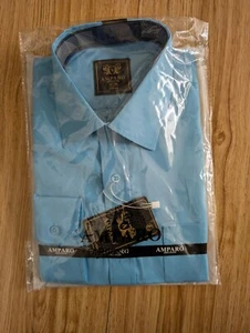 Amparo Formal long Sleeve Regular Fit Cotton Light Blue/Turquoise Shirt 15.5 - Picture 1 of 2