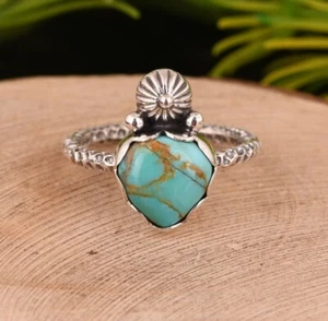 Heart Shaped Turquoise Sterling Silver Women Ring Vintage Oxidised Jewelry - Picture 1 of 5