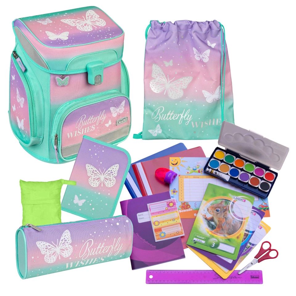 Scooli Schulranzen BUTTERFLY WISHES 18 Teile-Set Schmetterling mit viel Zubehör