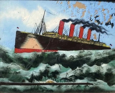 Антикварная реверсивная стеклянная картина RMS Lusitania корабль народного искусства морской 26x22  - Изображение 1 из 4