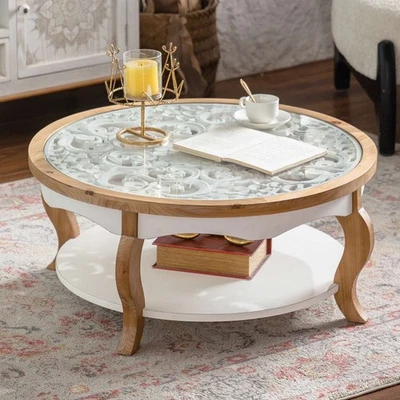 31.5'' Solid Wood Coffee Table French Style Round End Table with Tempered Glass - Image 1 of 4