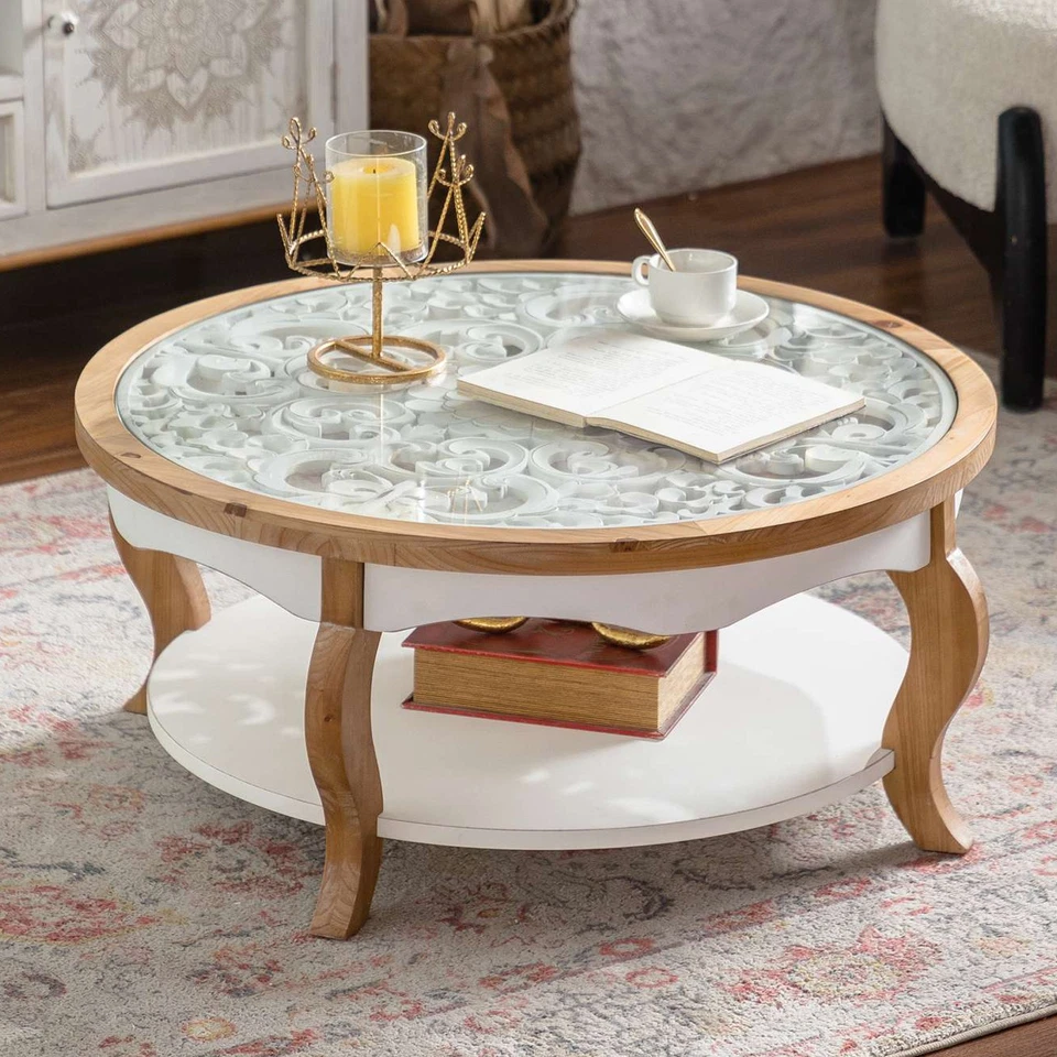 31.5'' Solid Wood Coffee Table French Style Round End Table with Tempered Glass - Image 1 of 4