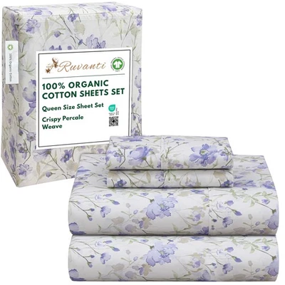 100% Organic Cotton Sheets Queen Size, Percale Weave, GOTS Certified, 4-Piece... - Image 1 of 4