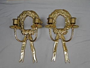 Vintage Brass Candle Holders Wall Sconce Christmas Wreath Ribbon Gold - Picture 1 of 9