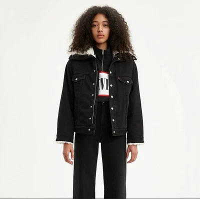 Chaqueta Levis Premium DAD Sherpa Parka Negra Gran Tamaño Mujer Pequeña S Denim Foto 1 de 4
