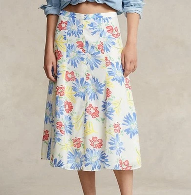 Falda midi Polo Ralph Lauren para mujer floral con botones delanteros en blanco talla 4 Ss2 Foto 1 de 4