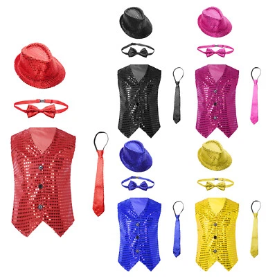 iixpin Niños 4 Piezas Lentejuelas Disfraz de Baile Brillo Chaleco con Sombrero AU Foto 1 de 4