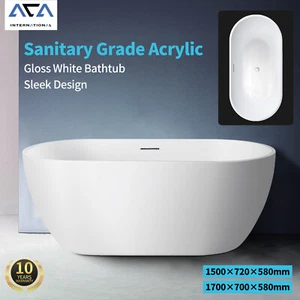 1.5m 1.7m Freestanding Gloss White Spa Bath Tub Acrylic Oval Bathtub Overflow - Picture 1 of 14