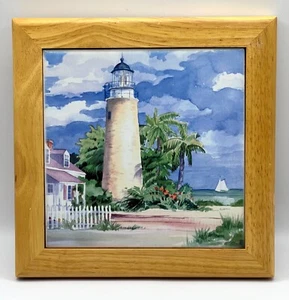 Paul Brent Key West Lighthouse Wall Art Ceramic Tile Wooden Frame 7.8x7.8 in - Picture 1 of 10