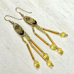 Southwestern Sun Dangle Earrings, Gold Tone Hand Painted & Beaded - 4" - Picture 1 of 4