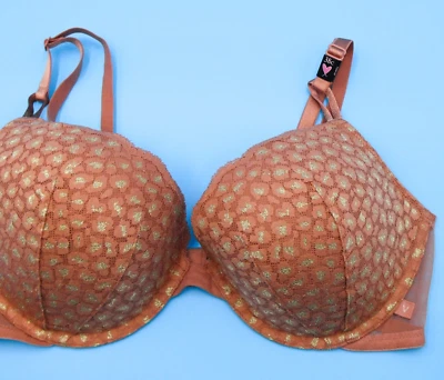 Sutiã lingerie Victorias Secret 38C forrado push up marrom dourado franja de renda novo - Imagem 1 de 4