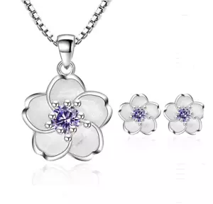 Collana orecchini donna argento sterling 925 cristallo viola fiore set gioielli - Foto 1 di 7