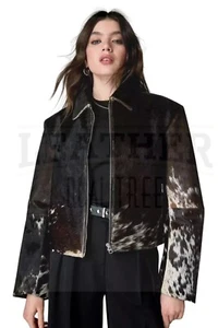 Genuine Cowhide Leather Jacket for Women | Natural Hair-On Cow Skin Fashion Coat - Picture 1 of 5