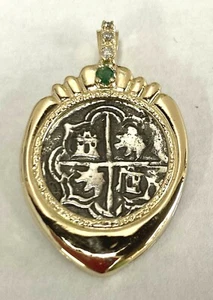 ATOCHA Coin Pendant 14K Gold Diamonds & Emerald Sunken Treasure Jewelry - Picture 1 of 7