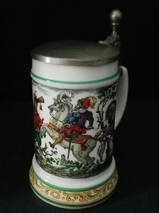  BMF Bierseidel German Beer Stein White Milk Glass Pewter Lid Tavern 20 oz. - Picture 1 of 9