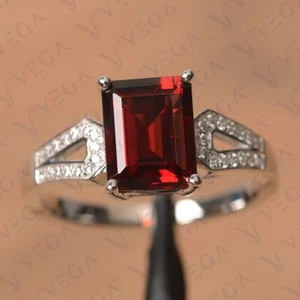 4.45Ct Emerald Shape Natural Garnet & Diamond Wedding Ring 18K White Gold Plated - Picture 1 of 15