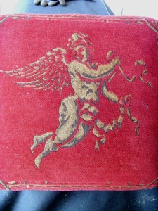 alter Fußhocker Schemel Hocker roter Samt Gepolstert Engel Goldfaden, 30x30x16cm - Bild 1 von 8