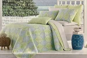 CYNTHIA ROWLEY BLUE GREEN DIAMOND STRIPE FULL / QUEEN QUILT SET W / SHAMS - Picture 1 of 1