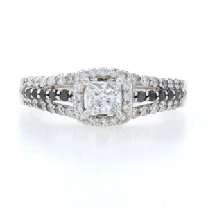 White Gold Black & White Diamond Halo Engagement Ring - 14k Princess Cut 1.14ctw - Picture 1 of 9