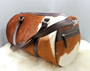 Overnight Weekender Cowhide Camping Round Sphere Luggage Leather Duffle Bag - Picture 1 of 5