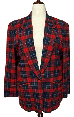 Vintage Pendleton Blazer Womens 14 Virgin Wool Red Blue Plaid Jacket Career - Image 1 of 4