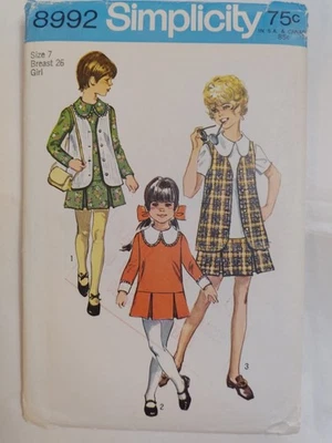 Dress Vest Girls 7 Simplicity 8992 Sewing Pattern Cut VTG Pleated Skirt Short - Image 1 of 4