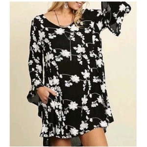 Abito tunica donna Umgee nero ricamato floreale manica lunga a campana tg XL boho - Foto 1 di 7
