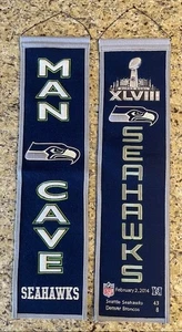 Seattle Seahawks Super Bowl XLVIII and Man Cave Wool Pennants 8"X32" - Picture 1 of 4