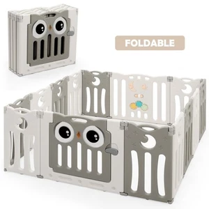 14-Panel Baby Playpen Kids Activity Center Foldable Play Yard w/ Lock Door Beige - Picture 1 of 12