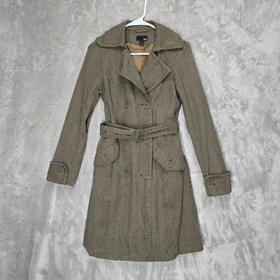 H&M Plaid Womens Sz 4 Trench Coat Brown Belted Double Breasted Casual Outerwear - Image 1 of 4