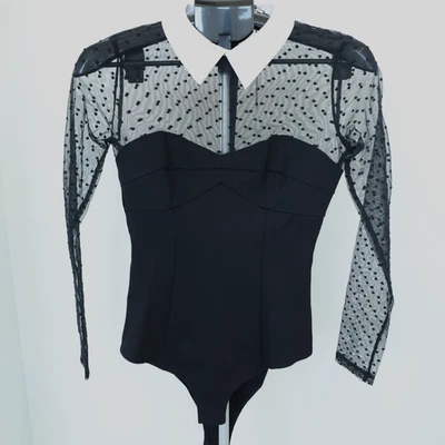 Fleur Du Mal Bodysuit Women's Medium M Black Collared with Dotted Tulle NWT $345 - Image 1 of 4