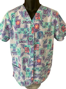 Simply Basic Scrub Top Women's Medium Snap Button Purple Teal Floral SS - Picture 1 of 7
