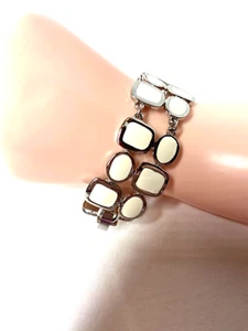 Lia Sophia "French Tip" White/Silver Enamel Geometric Wide Double Link Bracelet - Picture 1 of 8