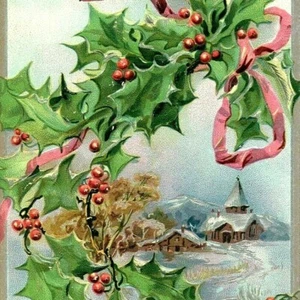 c1910 Raphael Tuck Pink Ribbon Holly Branches Snowy Town Christmas Postcard 5273 - Picture 1 of 3