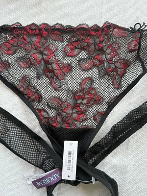 NWT Panties Adore Me Thong RACY FISHNET Black Red Lace Stretch 2X + - Image 1 of 4