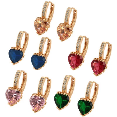 18K Gold Plated Women Heart CZ Earrings Green Red Blue Pink Champ Crystal Color - Image 1 of 4