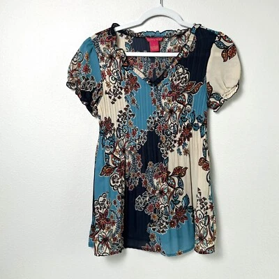 Sunny Leigh Blouse Womens Size S Blue Tan Floral Short Sleeve V Neck Ruffle - Image 1 of 4