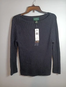 Ralph Lauren Rib Knit Sweater Women's Green Lauren Label Lrge Black New With Tag - Picture 1 of 8