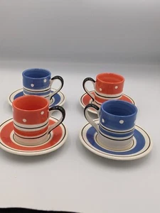Whittards Of Chelsea Espresso Cups And Saucers X 4 Blue Orange Striped Coffee - Picture 1 of 11